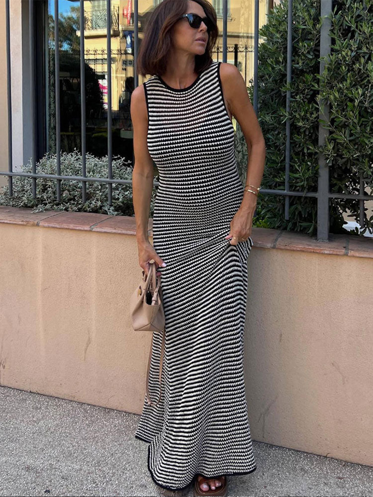 Women Fashion Striped Hollow Out Knitted Dress Elegant O Neck Sleeveless Maxi Vestidos Summer Female Beach Vacation Robes