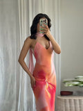 Pbong  Sexy Gradient Printed Scarf  Sling Long Dress Women Sleeveless Backless Female Evening Dress Summer Party Vacation Lady