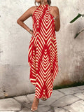 Pbong  Women's Halter Neck Chevron Print Maxi Dress - Loose Fit Summer Casual
