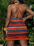 Pbong  Beach Spring And Summer New Colorful Holiday U-Neck Suspender Cross Back Backless Slim Mini Skirt Tassel Hem Colorful