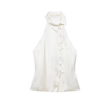 New French Elegant Halter Soft Satin Shirts Y2k Sexy Backless Simple Summer Women Camisole Harajuku Single Breasted Clothes