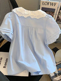 Cute Casual Blue Shirt Women Sweet Peter Pan Collar Korean Blouse Summer Puffy Sleeve Female Vintage Slim All Match Tops
