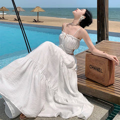 Women Beach Holiday White Dress Summer Backless Hollow Out Lace Up Bandage Long Dresses Female Club Party Fairy Maxi Dress