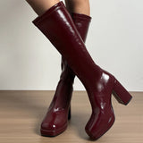 Pbong  Wine Red Patent Boots Boots Women Sexy Square Toe Tube Long Boots Woman Platform Super High Heel Botas Mujer