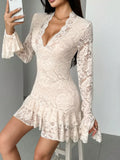Pbong  New Autumn Sexy Deep V-neck Lace Patchwork Dress Fashionable Solid Color Long Sleeved Slim Dress  Women's Short Dress