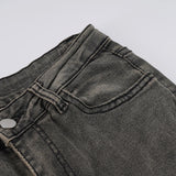 Pbong  Street Fashion Do Old Slimming Micro Flared Jeans Vintage Low Rise Folds Grey Pockets Full Length Trousers Fashion Denim Pants