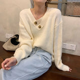 V-neck Knit Pullover Women Slouchy Long Sleeve Drop Shoulder Sweater with Buttoned Strap Cozy Knitwear Autumn Winter Chic Outfit