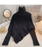 Asymmetric Knit Poncho Sweater for Women Soft Rib-knit Turtleneck Long Sleeve Pullovers Female Tops Autumn Winter Casual Outfit