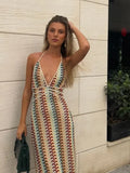 Women Colorful Printing Crochet Knit Long Dress Sexy Deep V-neck Backless Sleeveless Bodycon Robe 2025 Lady Vocation Dresses