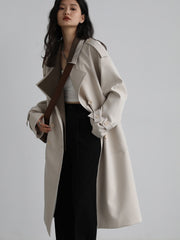 Women Trench Coat Solid Loose Contrast Double Collar Double Breasted Long Women's Windbreaker Office Lady Spring Autumn