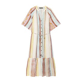 Pbong  Vertical Stripe Shirt Dress Button Front Short Sleeve Drawstring Waist Tiered Hem Long  Summer Resort Lady Casual Vestido