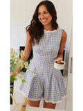 Lace Patchwork Plaid Chic Playsuit 2025 Summer New Round Neck Elastic Waist One Piece Shorts Sleeveless Casual Women Romper
