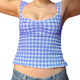 y2k Tops for Women Summer Fairycore Clothing Plaid Print Lace Trim Sleeveless Tanks T Shirts 2000s Clothing Streetwear