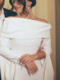 White Sheath Off-The-Shoulder Prom Dress Floor-Length Long Sleeves Evening Dress Wedding Party Dress Elegant Dresses