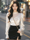 Luxury Elegant Mesh Patchwork Long Sleeve T Shirt Women Velvet Turtleneck Basic Top Korean Casual Lady Office Tees 2024 New