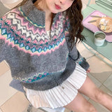 Women Fair Isle Sweater Cardigan Cute Pink Cozy Chunky Knit Collared Zip-up Sweater Jacket Teen-girl Fall Winter 90s Outfit