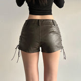 Pbong  Safari Style Bandage Pu Leather Shorts Sexy Slim Pocket Low-Waisted Shorts Women Summer Fashion Streetwear Punk Style Lady