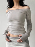Slash Neck Patchwork Long Sleeve Slim Basic Casual Tees Side Shirring Womens T Shirt