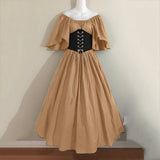 Pbong  Halloween Costumes for Women Medieval Retro Contrasting Color Slim Swing Dress One-word Shoulder Dress Love Live Cosplay
