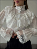 Pbong  Women's French Palace Style Fairy Collar Chiffon Flouncy Long Sleeve White Shirt Elegant Lady Top