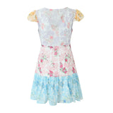 Pbong  Retro French style Contrast Color Flower Print V neck Mini Dress Sexy Short Flying Sleeve Ruffles Hem Slim Waist Robe