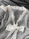 Lazy American Vintage High Street Patchwork Lace V Neck Sweaters Y2k Aesthetic Knitted Long Sleeve Clothing Harajuku Pullovers
