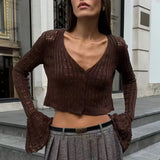 2025 New Knit Flare Sleeve V-neck Hollow Out Short Coat Fashion Casual Button Transparent Summer Cardigan Top Cover-up Jacket