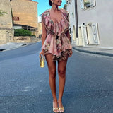 Pbong  Floral Print Romper Sleeveless Ruffle Trim Deep V Neck Irregular Hem Light Chiffon Fabric Summer Vacation Lady Chic Romper