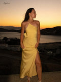 New Summer Fashion Backless Vacation Party Vestidos Satin Sexy Slim Slant Shoulder Solid Color Slit Casual Long Dress Vestidos