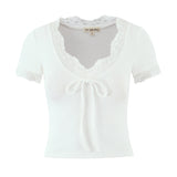 Pbong  French Style Knitted Cropped Blouse Bodycon Summer White Black Cotton Elegant Tie Lace Up Vocation Y2K Sexy Ladies Shirts Tops
