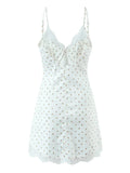 Pbong  White Cozy Homewear Lace Trim Polka Dot Mini Slip Dress for Women Slim Satin Fabric Nightgown for Pajama Parties