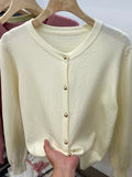 Gold Button Long Sleeve Sweaters Cardigan for Women Spring Autumn O-Neck Button-up Knit Jacket Tops Knitwear Basic Tops