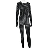 Pbong  American Sexy Perspective Jumpsuit Women Fashionable Hollow Knitted Striped Long Sleeved Jumpsuit Bar Nightclub One Piece Pants