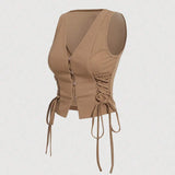 Vests Spring Summer French  Skinny Fit Single Breasted Lace-Up Sleeveless V-Neck Fashion Vests For Women