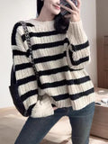 Striped Crew Neck Sweater Women Pullovers Long Sleeve Crewneck Knitted Jumper Ladies Fall Winter Casual Outfit