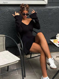 V-neck Long Sleeved Sexy Short Dress Knitted Autumn Winter Solid Color A-line Backless Pleated Women Dresses Fall Fashion