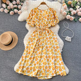 Pbong  Women Dress Fashion Romantic Floral Print Drawstring Waist Long Summer Dress Vacation Korean Party Vestidos