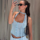 Halter Knitted Vest Top For Women Ribbon Single Breasted Backless Tanks Slim Summer Thin Hot Girl Plunge T shirt Casual