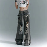 Fashion American Vinateg Hole Cross Lace Up Design Denim Pants Y2ka Esthetic High Street Baggy Wide Leg Trousers Punk Bottoms