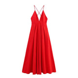 Red Backless Vacation Long Dress 2025 New Solid Color Sleeveless Beach Slip Dress Vestidos Fashion Chic Simple Woman Clothing