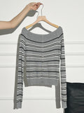 Long Sleeve Off Shoulder Stripe Knit Top for Women Button Front Off-the-Shoulder T-shirt Teen-girl Y2K Clothing