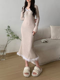 Fur Trim Knitted Slim Casual Long Dress