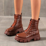 Pbong  New Fashion Winter motorcycle Boots For Women Lace-up Mid-calf Boots Black White Winter Spring Pu Hiking Shoes