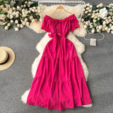 Pbong  Summer Vacation Slim Elastic Waist Long Dress Women Elegant Off Shoulders Big Swing Maxi Beach Dress Party Robe Femme