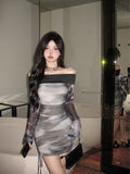 American Sexy Off The Shoulder Slim Fit Two Piece Sets Constrast Color Y2k Aesthetic Long Sleeve Tops Side Drawstring Skirts