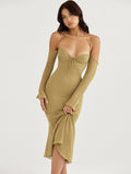 Women Chiffon Zipper Sexy Y2K Clothes Lace Up Halter Backless Long Sleeve Bodycon Midi Dress Outfits Party Club