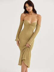 Women Chiffon Zipper Sexy Y2K Clothes Lace Up Halter Backless Long Sleeve Bodycon Midi Dress Outfits Party Club