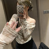 Harajuku Vintage Tie Dye Tee Shirt Summer Sexy Off Shoulder Ruched T-shirt Mujer Y2k Kpop Slim Fit Mesh Irregular Tops Women