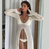 Vacation Knit Hollow T shirt Women's Long Sleeve Sunscreen Cover Up T shirt Sexy Hot Girl See Through Slim Summer T shirt