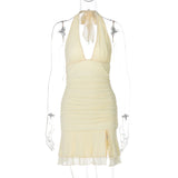 Halter Backless Sexy Mini Dress Women Summer New Solid Lace V Neck Sleeveless High Waist Ruched Split Club Dress